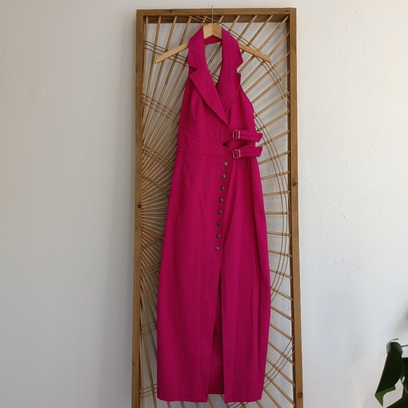Vintage 1980's Backless Halter Button Front Fuchsia Pink Midi Dress - Picture 4 of 11